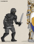 anthro armor assassin brown_hair clothing dagger duo hair headgear helmet knight male mask melee_weapon military shield simple_background soldier standing sword warrior weapon ace_stryker deer human mammal 2013 hi_res