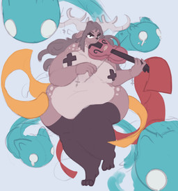 2_horns 3_toes anthro antlers belly big_belly black_nose bowed_string_instrument bracelet brown_body brown_fur brown_hair clothing countershade_fur countershading eyelashes feet female female_anthro fur hair horn jewelry legwear markings mostly_nude mostly_nude_anthro mostly_nude_female musical_instrument nipple_tape obese obese_anthro obese_female overweight overweight_anthro overweight_female pasties plantigrade playing_music playing_violin red_ribbon solo spots spotted_body spotted_fur string_instrument tape thigh_highs toes violin violin_bow white_horn yellow_ribbon miluinaoxie evie_(one_tru_prophet) deer mammal spirit 2023 hi_res unfinished