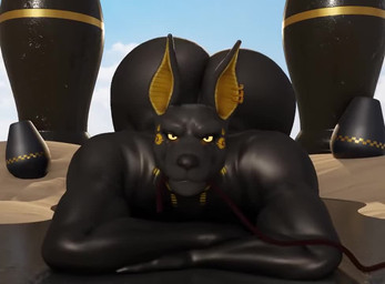 anthro ass_up bedroom_eyes biceps big_butt blinking bubble_butt butt butt_expansion crossed_arms day ear_piercing ear_ring expansion front_view fur huge_butt hyper hyper_butt looking_at_viewer lying male male_anthro markings muscular muscular_anthro muscular_male narrowed_eyes nude on_front outside piercing ring_piercing sand seductive shaking_butt smile solo urn morethreedee egyptian_mythology middle_eastern_mythology mythology anubis anubian_jackal canid canine canis deity jackal mammal 2023 3d_(artwork) 3d_animation animated digital_media_(artwork) no_sound short_playtime video