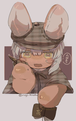 4_fingers ambiguous_gender anthro brown_body brown_fur cheek_spots clothing coat detective eyebrow_through_hair eyebrows eyelashes fingers front_view fur furgonomic_hat furgonomic_headwear furgonomics furrowed_eyebrows green_eyes hair hand_on_cheek hat headgear headwear holding_note_pad holding_object holding_pen horizontal_pupils inner_ear_fluff looking_at_viewer multicolored_eyes narrowed_eyes newsboy_cap note_pad open_mouth pattern_clothing pattern_hat pattern_headgear pattern_headwear pattern_topwear pen plaid plaid_clothing plaid_coat plaid_hat plaid_headgear plaid_headwear plaid_topwear pupils simple_background solo speech_bubble tan_inner_ear_fluff text thin_eyebrows topwear translucent translucent_hair tuft whisker_spots white_eyelashes white_hair yellow_eyes ringi_kinoko made_in_abyss nanachi lagomorph mammal narehate 2026 distracting_watermark half-length_portrait hi_res japanese_text portrait watermark
