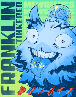 black_text blue_body brain cannon close-up fur glare green_background gun log long_fur looking_at_viewer markings organs ranged_weapon rifle rocket_launcher shotgun simple_background smile solo spots spotted_body submachine_gun teeth text tongue tongue_out weapon wood minel_anteater mewgenics franklin_(mewgenics) domestic_cat felid feline felis mammal hi_res portrait