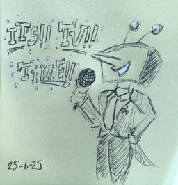 antennae_(anatomy) clothing electronics for_a_head male microphone necktie open_mouth screen screen_face simple_background smile solo suit television text localmare deltarune undertale_(series) tenna_(deltarune) animate_inanimate darkner humanoid object_head screen_head tv_head 2025 dated pen_(artwork) traditional_media_(artwork)