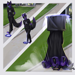 alternative_fashion anthro black_body black_fur blue_eyes blue_nose cheek_tuft claws clothed clothing cosmic_hair cosmic_paws dipstick_tail emo ethereal_hair facial_tuft feet femboy foot_crush foot_fetish fur glowing glowing_nose hair happy magic male markings multicolored_body oblivious pawpads paws portal purple_body purple_fur purple_hair purple_pawpads simple_background size_difference skull_and_crossbones solo sparkles stomping tail tail_markings tuft two_tone_body wristband emailty kitsunaki canid canine fox mammal 1:1 2022 full-length_portrait hi_res portrait shaded