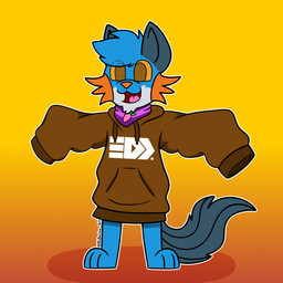 anthro arms_out blue_body blue_fur brown_clothing brown_hoodie brown_sweater brown_topwear clothing fin food fruit fur gradient_background happy head_tuft hoodie long_sleeve_sweater long_sleeves male open_mouth orange_background orange_eyes orange_gills orange_nose outline oversized_clothing oversized_hoodie oversized_topwear persim_berry persim_scarf plant pokemon_berry simple_background sleeves_past_fingers sleeves_past_wrists solo standing sweater tail tail_fin text topwear tuft white_outline rgbovine_art nintendo pokemon pokemon_mystery_dungeon spike_chunsoft splatoon xevy canid canine canis generation_3_pokemon hybrid mammal pokemon_(species) swampert wolf 1:1 constructed_script hi_res inkling_text