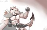 alcohol anthro beer beverage circumcised clothed clothing dragon drunk flaccid genitals guard hi_res humanoid_genitalia humanoid_penis kilt male muscular muscular_male mythological_creature mythological_scalie mythology no_underwear open_mouth penis scalie shaded simple_background smile solo substance_intoxication tail text thekinkybear upskirt url wings