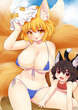 2_tails 5_fingers :3 all_fours areola areola_slip big_breasts big_ears big_tail bikini bikini_bralette biped black_body black_ears black_fur black_hair black_tail blonde_hair blue_bikini blue_clothing blue_swimwear blush breast_size_difference breasts camel_toe cleavage clothed clothing cloud colored_edge_bikini curvy_figure cute_fangs day detailed_background dipstick_tail duo eyelashes fangs female fingers flat_chested fluffy fluffy_tail front-tie_bikini front-tie_clothing front-tie_swimwear front_view fur glistening glistening_body glistening_breasts glistening_eyes glistening_hair glistening_skin hair hat headgear headwear huge_breasts humanoid_hands inner_ear_fluff light_body light_skin looking_at_viewer markings micro_bikini midriff multi_tail navel one_ear_up open_:3 open_mouth open_smile outside pink_areola red_bikini red_clothing red_eyes red_swimwear side-tie_bikini side-tie_clothing side-tie_swimwear sitting skimpy sky smile string_bikini swimwear tail tail_markings teeth thick_thighs triangle_bikini tuft two-piece_swimsuit two_tone_tail voluptuous white_body white_fur white_inner_ear white_inner_ear_fluff white_tail wide_hips yellow_body yellow_ears yellow_eyes yellow_fur yellow_tail young wolflong touhou chen_(touhou) ran_yakumo animal_humanoid canid canid_humanoid canine canine_humanoid cat_humanoid felid felid_humanoid feline feline_humanoid fox fox_humanoid humanoid mammal mammal_humanoid 2017 hi_res portrait three-quarter_portrait