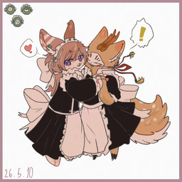 2_horns anthro apron biped black_clothing black_dress brown_body brown_fur brown_hair brown_horn clothed clothed_anthro clothed_male clothing cloven_hooves crossdressing dress duo fluffy fluffy_tail frilly frilly_apron frilly_clothing fully_clothed fully_clothed_anthro fully_clothed_male fur hair hand_holding heart_pupils heart_reaction heart_symbol hooves horn inner_ear_fluff looking_at_another looking_at_viewer maid_headdress maid_uniform male male_anthro mask monotone_hair multicolored_body multicolored_fur plantigrade purple_eyes side_view simple_background tail tuft two_tone_body two_tone_fur unguligrade uniform wearing_mask white_background lunnanathalia fabulous_beasts sibuxiang_the_deer_(fabulous_beasts) tuye_(fabulous_beasts) deer lagomorph leporid mammal rabbit 1:1 2026 dated digital_drawing_(artwork) digital_media_(artwork) flat_colors hi_res