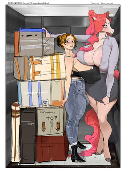 anthro areola areola_slip big_breasts biped blue_eyes blush boots border bottomwear box breasts brown_hair bulge cleavage clothed clothing collared_shirt container denim denim_bottomwear denim_clothing dress_shirt duo elevator female female_anthro footwear freckled_breasts freckles gynomorph gynomorph/female gynomorph_human hair high_heeled_boots high_heels hooves huge_breasts human_on_anthro intersex intersex/female intersex_human interspecies jeans larger_anthro larger_female long_hair looking_aside nipple_outline pants pencil_skirt pupils red_hair shirt shoes size_difference skirt smaller_gynomorph smaller_human smaller_intersex tan_body tan_skin tank_top thick_thighs topwear unguligrade white_border white_sclera landysh miranda_(landysh) equid equine horse human mammal