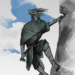 anthro black_bottomwear black_clothing black_shorts blue_eyes bottomwear clothed clothing cloud dagger day detailed_background feet fingers foot_wraps green_body green_clothing green_topwear head_spikes horn leg_wraps light looking_up male melee_weapon outside rock shorts sky solo spikes spikes_(anatomy) sunlight tail toes topwear weapon wraps wrist_wraps themefinland mythology finn_(themefinland) dragon mythological_creature mythological_scalie scalie wingless_dragon 2022 dated digital_media_(artwork) signature