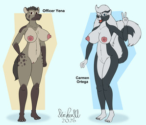 4_toes 5_fingers anthro big_breasts black_body black_fur black_nose breasts brown_body brown_fur brown_hair duo feet female fingers fur genitals gesture hair hand_gesture hindpaw humanoid_hands markings navel nipples nude nude_anthro nude_female paws spots spotted_body spotted_fur standing tail text toes tongue v_sign vulva white_body white_fur white_hair strikersa carmen_ortega officer_yena hyena mammal mephitid skunk spotted_hyena 2025 english_text signature