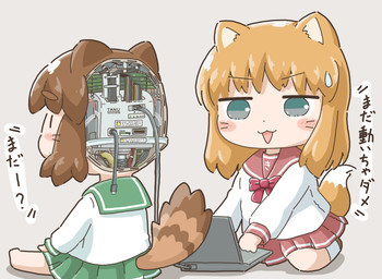 asian_clothing cable circuit_board clothing duo east_asian_clothing female japanese_clothing japanese_school_uniform looking_at_viewer machine machine_reveal school_uniform serafuku tablet_computer uniform tojo_sake animal_humanoid canid canid_humanoid canine canine_humanoid humanoid mammal mammal_humanoid robot robot_humanoid tanuki_humanoid hi_res