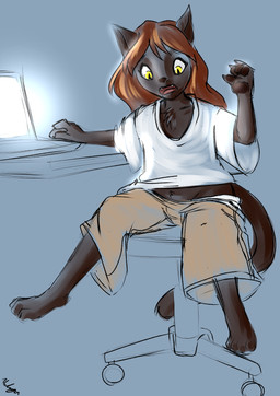 4_fingers 4_toes age_regression anthro biped black_body black_fur black_pawpads blue_background bottomwear brown_hair chair clothed clothed_anthro clothing computer computer_mouse electronics fangs feet female fingers fully_clothed fully_clothed_anthro fur furniture hair handpaw implied_transformation laptop looking_down_at_self on_chair oversized_bottomwear oversized_clothing oversized_shirt oversized_shorts oversized_topwear pawpads paws pupils shirt shorts shrinking simple_background sitting sitting_on_chair size_transformation slit_pupils solo spread_legs spreading t-shirt teeth text toes topwear transformation yellow_eyes young halcy0n tally_(danvelthing) domestic_cat felid feline felis mammal 2019 artist_name colored hi_res signature sketch