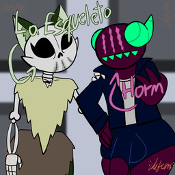 anthro blind bone bottomwear clothing disability duo female green_body horm_(chefrens) horn jacket la_esqueleto_(chefrens) male male/female mute purple_body scar shorts simple_background skeleton skull topwear chefrens canid canine canis demon humanoid imp mammal wolf 1:1 hi_res