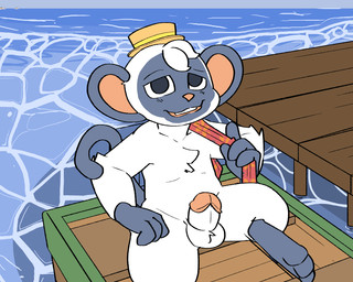 anthro balls black_body black_eyes black_fur boat chest_tuft clothing foreskin fur genitals hat hat_only headgear headgear_only headwear headwear_only humanoid_genitalia humanoid_penis lying male mostly_nude nude on_back outside panama_hat penis pier presenting presenting_penis public retracted_foreskin scarf sea smile solo tail tuft vehicle water watercraft white_body white_fur mousesix animal_crossing nintendo niko_(animal_crossing) haplorhine mammal monkey primate 2025 5:4 colored digital_drawing_(artwork) digital_media_(artwork)