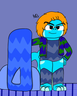 anthro blueandgreen hair lightblue male orange_hair solo standing surfboard surfer lapiscrowlime fish marine shark 4:5 hi_res trans_(lore)