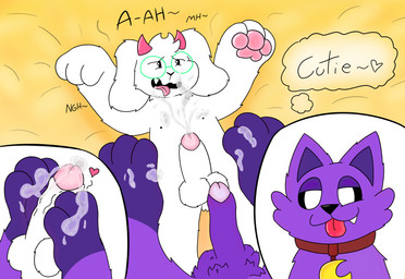 anthro balls bed bed_sheet bedding bodily_fluids collar cum cum_on_chest cum_on_feet cum_on_self cumshot duo ejaculation expression_meme eyewear fangs feet fluffy foot_fetish foot_play footjob foreskin furniture genital_fluids genitals glasses heart_symbol horn looking_pleasured lying male male/male moan narrowed_eyes on_back on_bed pawpads paws penis playing_with_cum presenting sex smug teeth text thought_bubble tongue tongue_out miauyeah deltarune mob_entertainment poppy_playtime smiling_critters undertale_(series) catnap_(poppy_playtime) ralsei bovid caprine felid feline goat mammal absurd_res hi_res meme