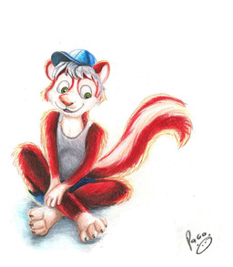 anthro baseball_cap blue_cap closed_smile clothed clothing front_view fur green_eyes hair hat headgear headwear logo male male_anthro mouth_closed red_body red_fur red_tail short_hair simple_background sitting smile solo tail white_background white_body white_fur white_hair white_tail young young_anthro young_male pandapaco mammal mephitid skunk artist_logo signature