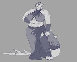 abs anthro big_breasts breasts clothing dress fangs female grey_background horn huge_breasts mature_anthro mature_female muscular muscular_anthro muscular_female nipple_outline nipples non-mammal_breasts non-mammal_nipples simple_background solo standing teeth thick_thighs wide_hips tolerain mythology valyrie_(tolerain) dragon mythological_creature mythological_scalie scalie hi_res