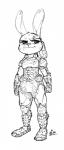 2020 alec8ter anthro armor black_and_white body_armor cheek_tuft clothed clothing conditional_dnp crossover disney doom_(series) facial_tuft female half-closed_eyes head_tuft hi_res id_software judy_hopps lagomorph leporid mammal monochrome narrowed_eyes rabbit scratch simple_background solo standing tuft white_background zootopia