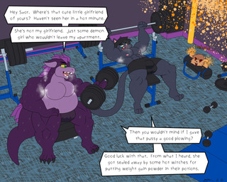 anthro black_body black_fur black_hair blue_eyes brown_body brown_fur exercise female fur green_eyes group hair magic male muscular purple_body red_eyes text transformation workout yellow_sclera dirtymac mythology demon domestic_cat dragon felid feline felis mammal mythological_creature mythological_scalie scalie 5:4 absurd_res english_text hi_res