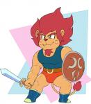 anthro clothed clothing facial_hair goatee male melee_weapon shield shirt simple_background solo sword tank_top topwear weapon conditional_dnp erobos monster_boy_and_the_cursed_kingdom monster_world_(series) wonderboy lion-man wonder_boy felid lion mammal pantherine absurd_res hi_res