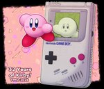 alternate_color anniversary black_border black_eyes blue_eyes blue_text blush border duo electronics feet game_boy_console game_console number pink_background pink_blush pink_body red_feet red_mouth simple_background square_crossover text through_screen white_body white_feet white_mouth white_text nebbuwu game_boy game_boy_family kirby_(series) nintendo kirby alien waddling_head 2024 colored dated digital_media_(artwork) english_text