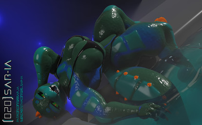 anthro bikini blue_body blue_scales breast_squish breasts claws clothing female glowing glowing_eyes green_body green_skin pool relaxing scales seductive solo squish swimwear two-piece_swimsuit wet 020_sar-ia lizard reptile scalie absurd_res hi_res