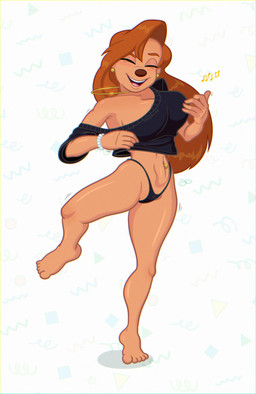 5_fingers 5_toes abs abstract_background anthro areola areola_slip barefoot big_breasts black_clothing black_shirt black_thong black_topwear black_underwear bouncing_breasts bracelet breasts clothing dancing ear_piercing eyebrows eyes_closed feet female fingers hair jewelry long_hair midriff musical_note musical_symbol navel navel_piercing necklace orange_hair piercing shirt solo symbol thong toes topwear underwear jumpdriiver disney goof_troop roxanne_rover canid canine canis domestic_dog mammal 2026 absurd_res hi_res