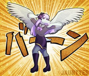 5_fingers abstract_background anthro bone_frill boots bow_ribbon claws clothed clothed_anthro clothing dress elbow_feathers eyelashes feathered_wings feathers female finger_claws fingers footwear frill_(anatomy) grey_body grey_scales hair jojo_pose legwear long_hair looking_at_viewer one_glove pantyhose pose purple_eyes purple_hair scales shoes short_tail single_glove smile snout solo tail text wings jauntyweb diamond_is_unbreakable goodbye_volcano_high jojo's_bizarre_adventure ko_op_(game_developer) fang_(gvh) prehistoric_species pterosaur reptile scalie 2024 absurd_res artist_name digital_drawing_(artwork) digital_media_(artwork) hi_res japanese_text watermark nonbinary_(lore)