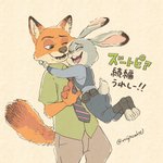 anthro bottomwear buckteeth clothed clothing duo eyes_closed fully_clothed fur grey_body grey_fur hug necktie one_eye_closed open_mouth open_smile orange_body orange_fur pants police police_uniform shirt simple_background smile tan_background teeth topwear uniform mojacookie disney zootopia judy_hopps nick_wilde canid canine fox lagomorph leporid mammal rabbit red_fox true_fox 1:1 hi_res signature