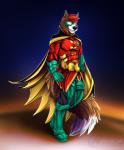 anthro armor cape clothed clothing gloves hair handwear male mask muscular muscular_anthro muscular_male pose smile solo spandex superhero tight_clothing nanukkluik dc_comics corin_(jmcd91) damian_(robin) damian_wayne damian_wayne_robin robin_(dc) canid canine mammal 2019 digital_media_(artwork) pinup