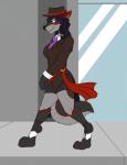 anthro canid canine canis clothed clothing female lugus mafia mammal outside sidewalk solo story story_in_description walking window wolf
