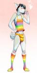 anthro biped black_hair bulge cigarette clothed clothing eyelashes femboy footwear fur hair jockstrap knee_highs knee_socks legwear lgbt_pride male multicolored_clothing multicolored_footwear multicolored_knee_highs multicolored_knee_socks multicolored_legwear multicolored_shirt multicolored_socks multicolored_tank_top multicolored_topwear pattern_clothing pattern_legwear pattern_topwear pink_background pride_color_clothing pride_color_footwear pride_color_knee_highs pride_color_knee_socks pride_color_legwear pride_color_shirt pride_color_socks pride_color_tank_top pride_color_topwear pride_colors rainbow_clothing rainbow_footwear rainbow_legwear rainbow_pride_clothing rainbow_pride_colors rainbow_socks rainbow_symbol shirt simple_background six-stripe_rainbow_pride_colors skimpy smoking socks solo standing striped_clothing striped_legwear striped_topwear stripes super_gay tank_top topwear underwear sethpup seth_(sethpup) canid canine mammal 2018 digital_media_(artwork) hi_res