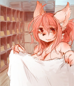 anthro arm_tuft bangs big_breasts big_ears black_nose blush bodily_fluids breasts cheek_tuft chest_tuft covering covering_breasts covering_self eye_through_hair eyebrow_through_hair eyebrows eyelashes facial_tuft female fluffy fluffy_ears fluffy_hair front_view fur fur_tuft glistening glistening_eyes glistening_lips glistening_nose hair hair_between_eyes holding_object holding_towel inner_ear_fluff inside kemono light lips long_hair looking_at_viewer looking_forward monotone_hair multicolored_body multicolored_fur nude pink_body pink_fur pink_hair pink_lips pointy_ears prick_ears red_eyes shadow shoulder_tuft snout solo sweat sweatdrop tan_body tan_fur towel translucent translucent_hair tuft wavy_hair white_towel pipisan canid mammal bust_portrait portrait