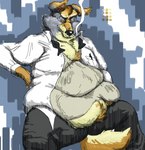 anthro belly belly_overhang big_belly body_hair bow_tie brown_body brown_fur chest_tuft cigarette clothing collared_shirt dress_shirt fur grey_body grey_fur happy_trail lifting_belly male mischievous mischievous_smile moobs obese obese_male orange_eyes overweight overweight_male shirt solo tan_body tan_fur topwear tuft undershirt waiter southernyote canid canine canis coyote mammal