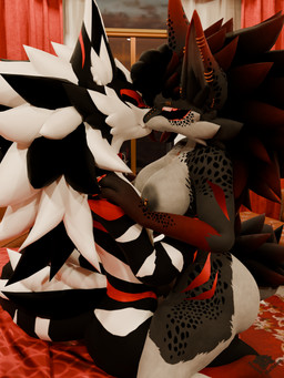 anthro areola big_breasts black_body black_fur body_chains breasts butt claws collar colored_nails detailed_background door_knocker duo ear_piercing eyelashes eyeliner eyes_closed eyeshadow facial_piercing female freckled_arms freckled_breasts freckled_butt freckled_chest freckled_face freckled_legs freckled_shoulders freckles from_front_position fur grey_eyes group hand_on_shoulder happy_birthday highlights_(coloring) hug jewelry kissing lotus_position makeup male male/female markings multicolored_body nails nipple_piercing nipples penetration piercing red_body red_claws red_eyeliner red_eyes red_fur red_highlights red_nails sex striped_body striped_fur stripes tail text vaginal vaginal_penetration white_body white_fur hound_helldan mythology jennifer_(hound_helldan) canid canid_demon canine canis demon hellhound hybrid mammal mythological_canine mythological_creature novabeast 3:4 3d_(artwork) absurd_res blender_(artwork) digital_media_(artwork) hi_res watermark widescreen