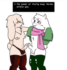 anthro balljob balls bodily_fluids bottomless breasts clothed clothing cum cum_on_face dialogue duo ejaculation floppy_ears from_behind_position frottage genital_fluids genitals herm hooves humping intersex legwear lop_ears male masturbation nipples penile penis penises_touching scarf scut_tail sex short_tail standing tail thigh_highs thigh_sex tips_touching topless user453 deltarune undertale_(series) ivory_(user453) ralsei bovid caprine goat lagomorph leporid mammal rabbit animated long_playtime no_sound video