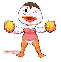animal_genitalia anthro beak bottomless cheerleader chibi clothed clothing female genitals shortstack shortstack_female solo thick_thighs vulva wellawayhare animal_crossing nintendo pompom_(animal_crossing) anatid anseriform avian bird duck