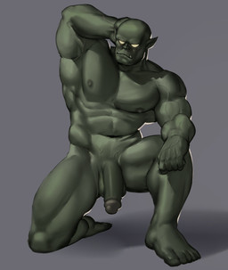 anthro balls barefoot biceps casual_nudity circumcised deltoids feet flaccid genitals green_body grey_background humanoid_feet humanoid_genitalia humanoid_hands humanoid_penis kneeling male muscular muscular_anthro muscular_male nipples nude on_one_knee pecs penis plantigrade quads simple_background solo tusks guppo humanoid mammal orc absurd_res hi_res