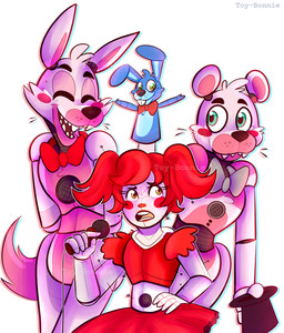 anthro black_nose blush bow_(feature) bow_tie clothing dress electronics eyes_closed fangs fur group hair laugh machine microphone pink_body pink_fur puppet red_hair ribbons simple_background smile teeth text white_body white_fur toy-bonnie five_nights_at_freddy's five_nights_at_freddy's_2 scottgames sister_location circus_baby_(fnaf) funtime_foxy_(fnaf) funtime_freddy_(fnafsl) puppet_bonnie_(fnafsl) animatronic bear canid canine fox human lagomorph leporid mammal rabbit robot 2016 digital_media_(artwork) watermark