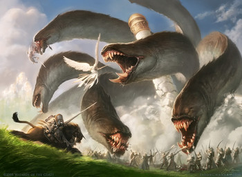 armor arrow_(weapon) battle blood bodily_fluids bow_(weapon) cloud fangs feathered_wings feathers feral grass group lance male melee_weapon outside plant polearm quiver_(object) ranged_weapon riding ruins sky smoke spear straddling sword teeth tower weapon wings jason_chan european_mythology greek_mythology hasbro magic:_the_gathering mythology wizards_of_the_coast angel hydra monster reptile scalie 2008 official_art