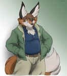 anthro belt biped brown_body brown_fur brown_hair candid clothed clothing eyewear fur glasses hair hand_in_pocket inner_ear_fluff jacket looking_at_viewer pockets smile solo topwear tuft yellow_eyes zerofox1000 zero_(zerofox1000) canid canine fox mammal 2016 colored signature