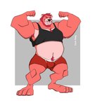 4_toes 5_fingers anthro armpit_hair barazoku beard big_muscles black_nose body_hair bulge chest_hair claws clothing eyebrows facial_hair feet fingers flexing fur grin hair happy_trail humanoid_hands looking_at_viewer male muscular muscular_anthro muscular_male mustache pink_body pink_fur pink_hair red_eyes shirt smile solo standing tank_top thick_eyebrows toes topwear underwear white_claws darknaigart rex_(furrybeefrex) bear mammal 2020 absurd_res hi_res