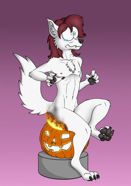 anthro bodily_fluids burning butt_on_fire fangs fire fluffy fluffy_tail food fruit fur hair holidays jack-o'-lantern male nipples nude pain plant pumpkin red_hair sitting smoke solo tail tears teeth uhoh white_body white_fur hot_rolls halloween aaron_moonfang canid canine canis mammal wolf digital_media_(artwork) hi_res
