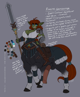 animal_genitalia animal_penis bag bedroll big_breasts blue_eyes breasts brown_hair brown_tail cleavage clothed clothing dagger ear_piercing equine_genitalia equine_penis fangs genital_piercing genitals green_body green_skin gynomorph hair hand_on_hip hooves humanoid_pointy_ears intersex looking_at_viewer medial_ring melee_weapon penis penis_piercing piercing pointy_ears pupils saddle_bag scar slit_pupils solo tail teeth weapon wmdiscovery93 raelyn_grotsdottir goblin taur hi_res model_sheet