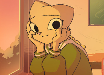 anthro classroom clothing female hand_on_face looking_at_viewer school school_uniform smile solo sunset uniform filthypally microsoft prequel_adventure the_elder_scrolls katia_managan felid khajiit mammal