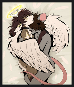 anthro biped bite black_nose brown_hair duo eyebrows fur grey_body grey_fur hair halo lying male nude_anthro nude_male on_side open_mouth sharp_teeth teeth tongue wings twang mammal murid murine rat rodent hi_res