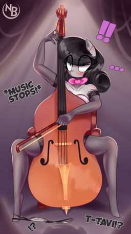 anthro armwear blush bowed_string_instrument breasts cello clothing dialogue ellipsis female fingers legwear musical_instrument solo spread_legs spreading string_instrument text nevobaster friendship_is_magic hasbro my_little_pony octavia_(mlp) equid equine mammal 2023 absurd_res digital_media_(artwork) english_text hi_res
