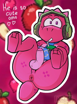 accessory anal apple author's_note balls butt drinking electronics food foreskin fruit genitals glans headphones heart_symbol humanoid_genitalia humanoid_penis juice lying male necktie nude on_back penis pink_body plant purple_eyes solo tablet tail dumbyb gameoverse glitch_productions gobbles_(gameoverse) dinosaur prehistoric_species reptile scalie 2026 absurd_res hi_res