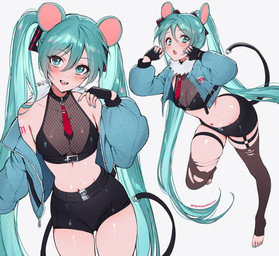 :o accessory alternate_species arm_tattoo bare_shoulders black_bottomwear black_clothing black_fingerless_gloves black_gloves black_handwear black_shorts blue_clothing blue_hair blue_jacket blue_topwear blush blush_lines bottomwear breasts claw_pose clothed clothing colored_nails crop_top cropped_jacket duo female fingerless_gloves fishnet_clothing fishnet_shirt fishnet_topwear fur_trim_(clothing) glistening glistening_body glistening_skin gloves hair hair_between_eyes handwear hotpants humanoidized jacket legwear long_hair long_sleeves long_tail looking_at_viewer medium_breasts midriff nails navel necktie off_shoulder on_one_leg open_clothing open_jacket open_mouth open_smile open_topwear puffy_sleeves raised_leg red_necktie shirt shorts shoulder_tattoo simple_background skindentation smile standing tail tattoo teal_eyes teal_hair teal_nails thigh_highs toeless_thigh_highs topwear torn_thigh_highs twintails_(hairstyle) white_background wide_hips qiandaiyiyu vocaloid yamaha_corporation hatsune_miku animal_humanoid humanoid mammal mammal_humanoid mouse_humanoid murid murid_humanoid murine murine_humanoid rodent rodent_humanoid digital_drawing_(artwork) digital_media_(artwork) full-length_portrait hi_res portrait